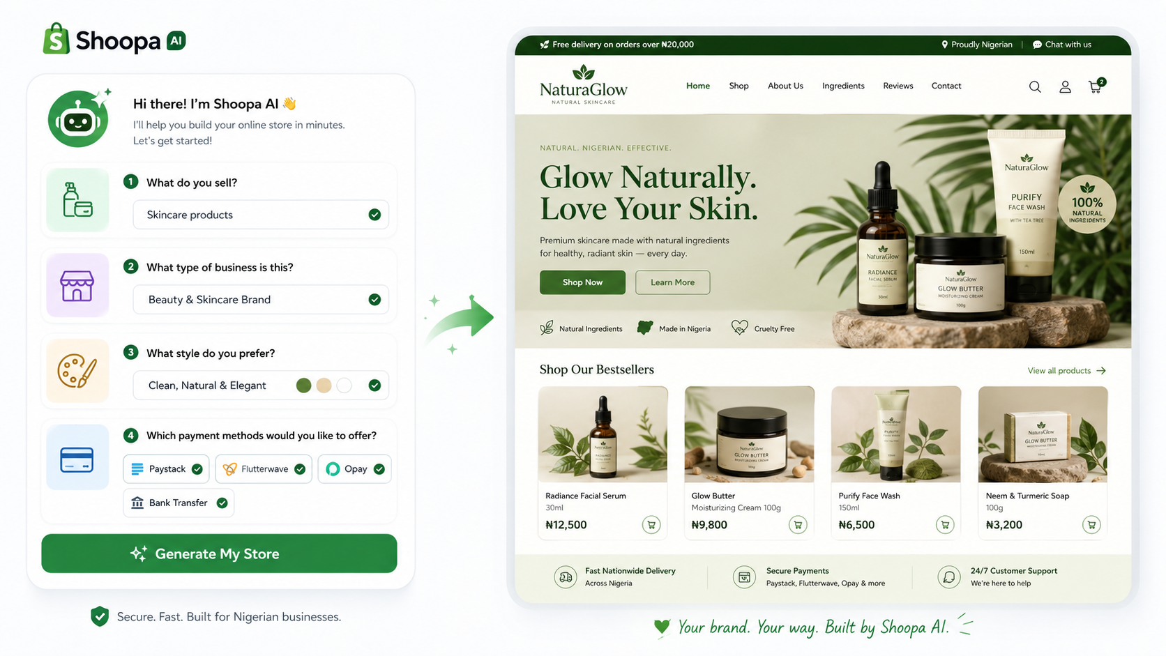 Shoopa AI guided store creation interface showing conversational prompt and instant storefront generation